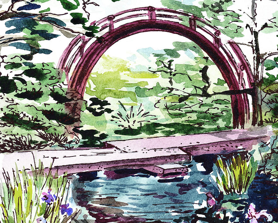 High Round Japanese Bridge Above The Pond Watercolor Painting by Irina Sztukowski