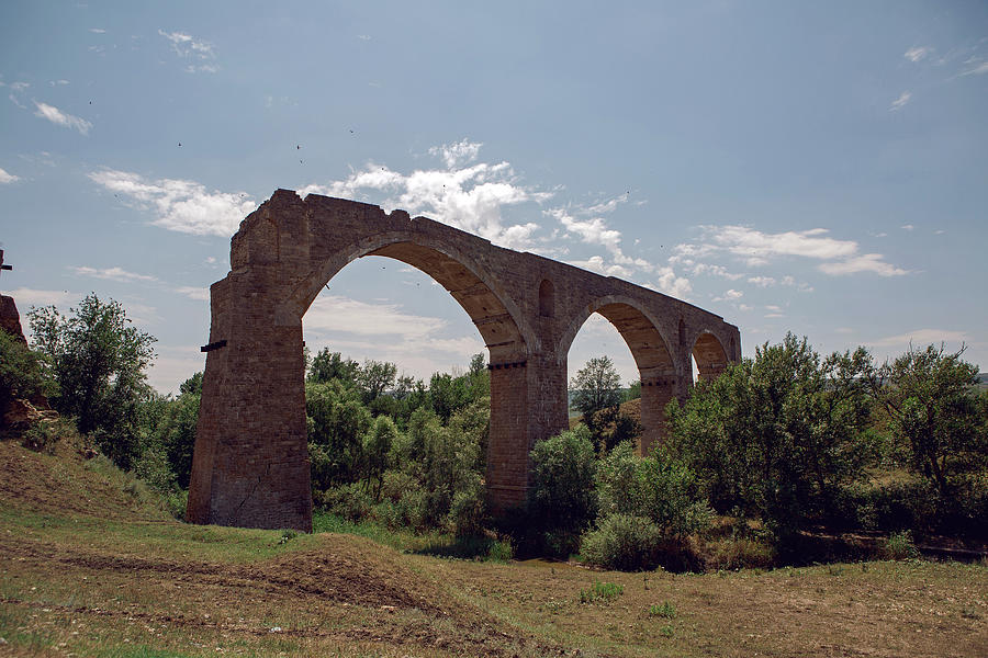 high ruined stone bridge stands in the summer in a field above the ...