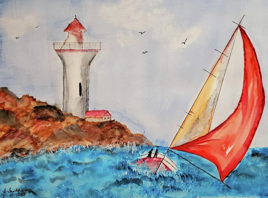 Lighthouse Painting - High Sails by Terry Feather