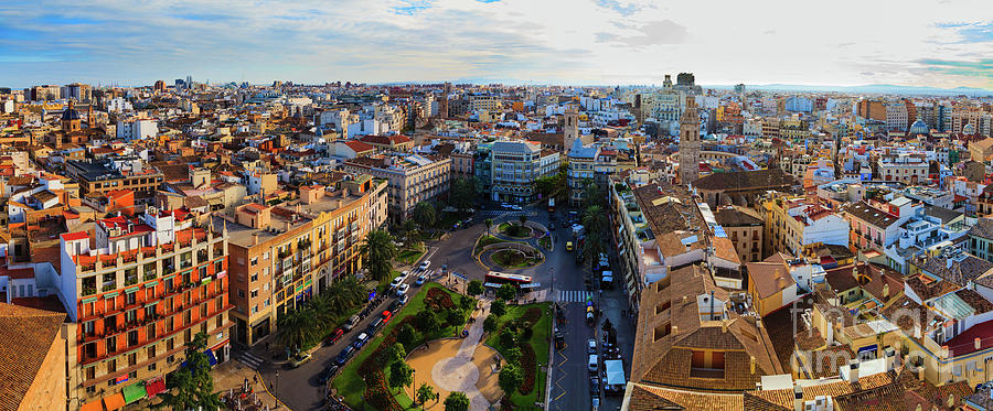 High viewpoint panorama of Valencia Spain and the Plaza de la Re Photograph by Peter Noyce