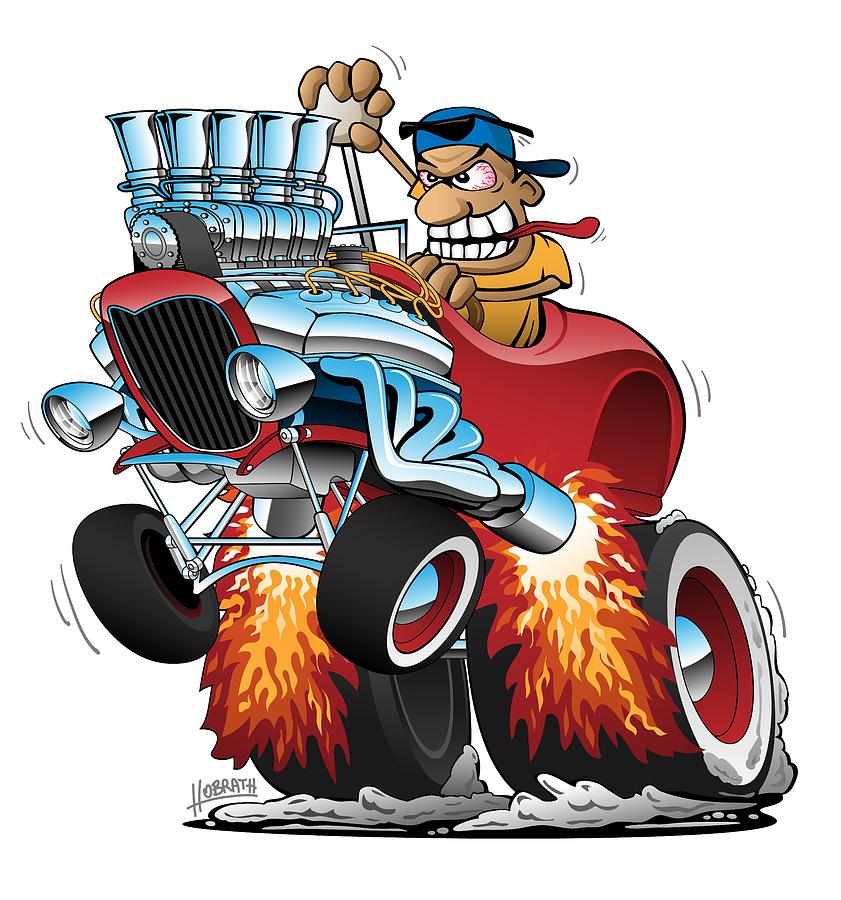 Highboy Hot Rod Race Car Cartoon Drawing by Jeff Hobrath - Fine Art America