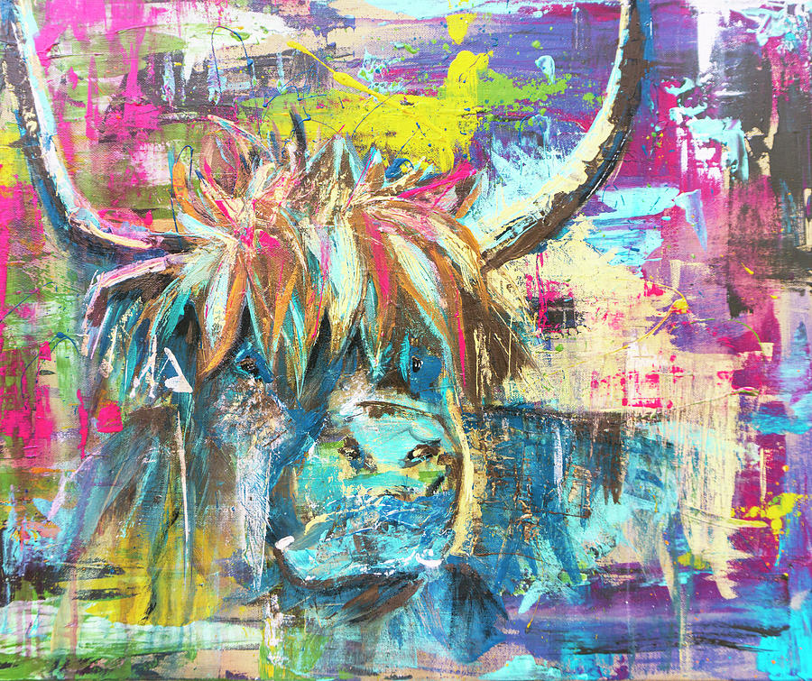 Highland Cow Bull Pink Blue Abstract Rustic Farmhouse Painting by Joanne Herrmann