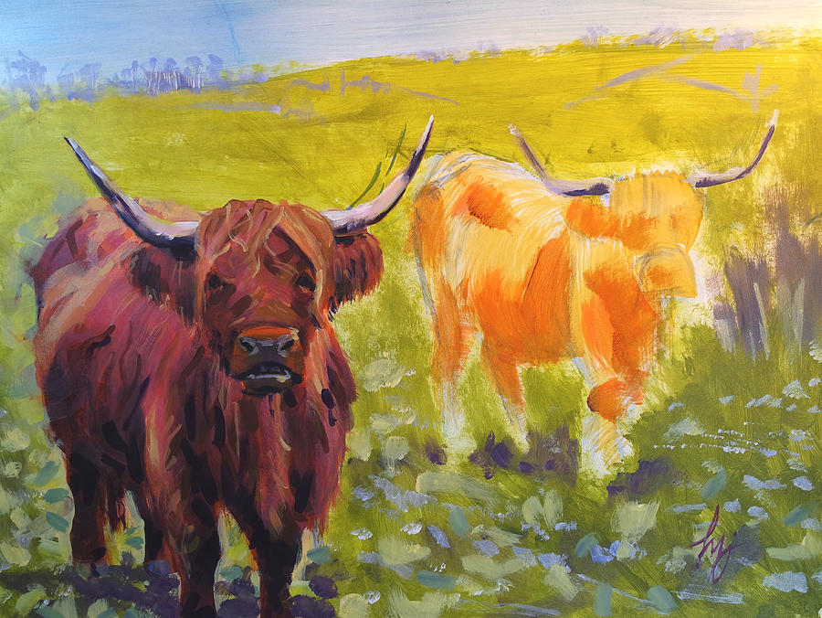 Highland cattle cows with horns painting Painting by Mike Jory