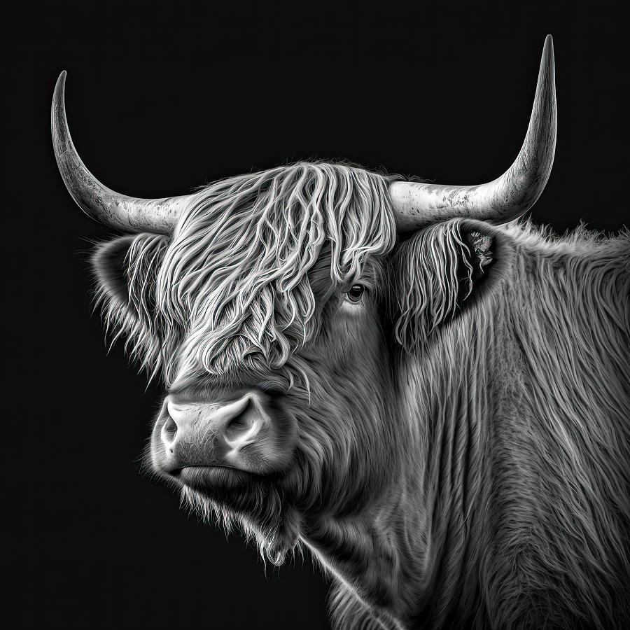 Highland Cattle Portrait 03 Black and White Digital Art by Matthias Hauser