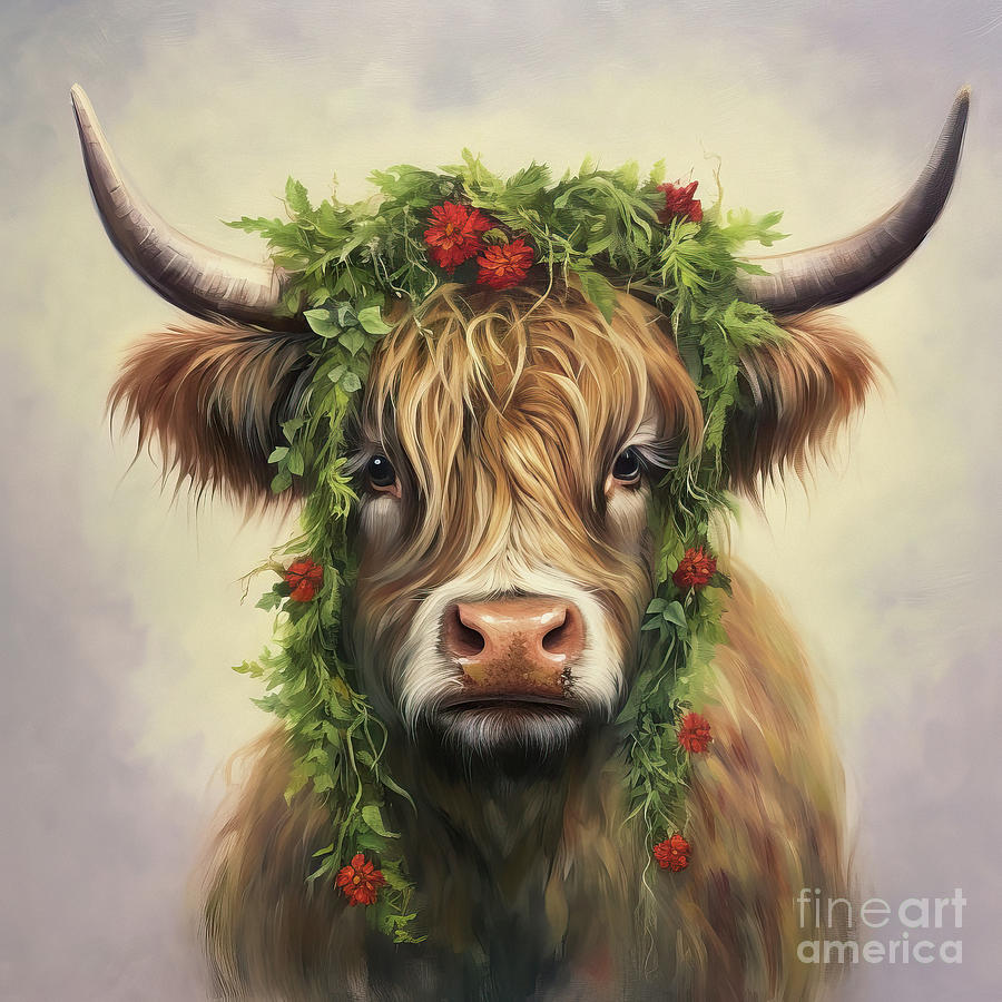 Highland Christmas Cow Painting by Tina LeCour