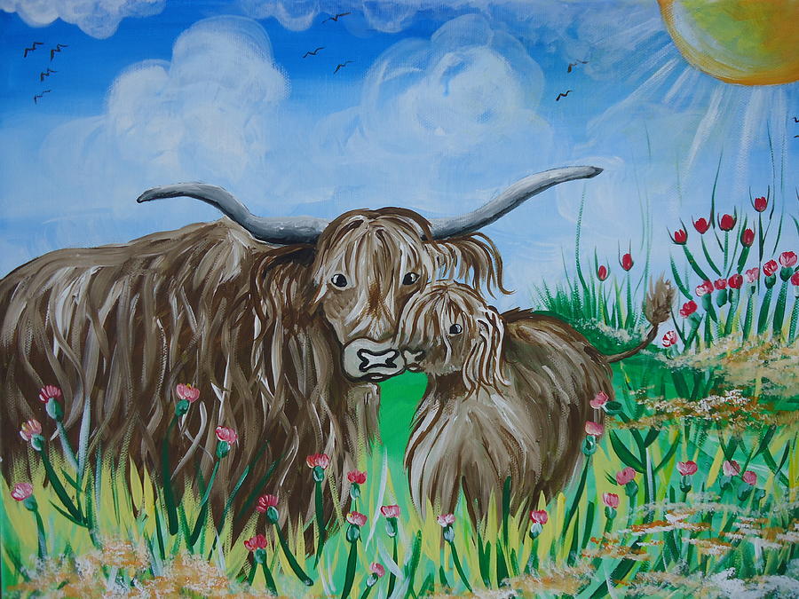 Highland Cow and Calf Painting by Leslie Manley