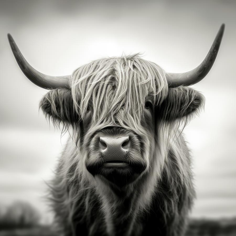 Highland Cow B and W Digital Art by Virginia Folkman