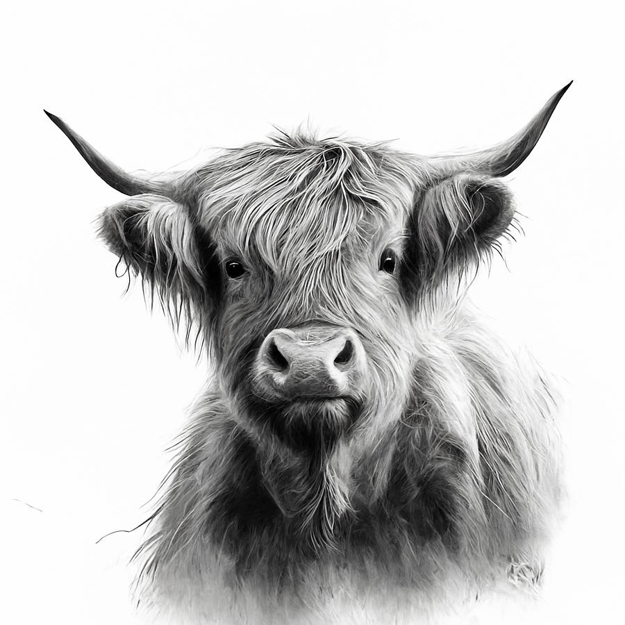 Highland Cow Black and White Drawing by Anthony Menard Pixels