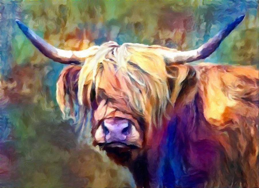 Highland Cow Colorful Portrait Mixed Media by Sandi OReilly