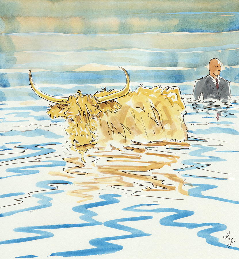 Highland Cow in water surreal watercolor painting Painting by Mike Jory