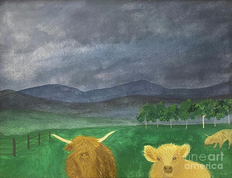 Highland Cows with a Storm Mixed Media by Lisa Neuman