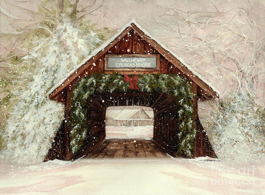 Highlands NC Covered Bridge Winter  Painting by Janine Riley