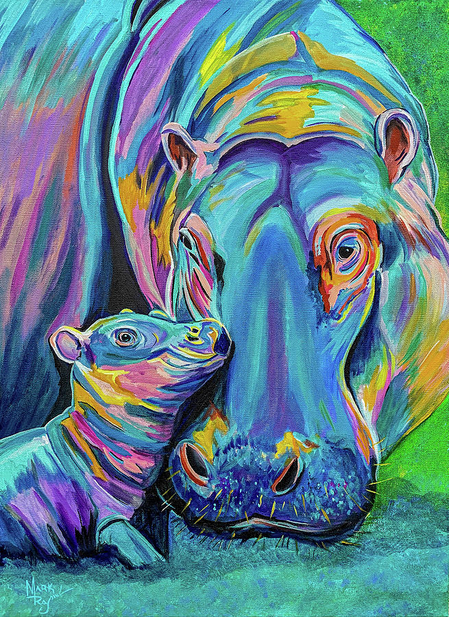 Highlighted Hippos Painting by Mark Ray