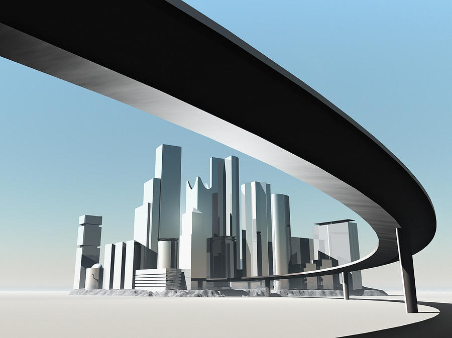 Highway overpass and skyscrapers (digitally generated) Drawing by Jorg Greuel
