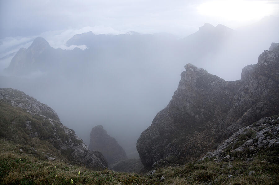 Hiking the slopes of Asbestnaya Mount in heavy fog and clouds, Adygea, Caucasus Mountains Photograph by Vyacheslav Argenberg