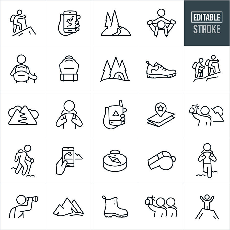 Hiking Thin Line Icons - Editable Stroke Drawing by Appleuzr
