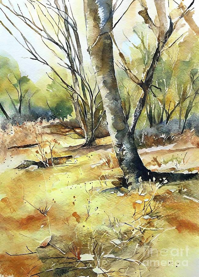 Nature Painting - Hill Forest Painting forest hill tree rock foliage nature painting landscape transparent watercolor Indian artist Pune hill skies grass art artistic artwork background beautiful blurred countryside by N Akkash