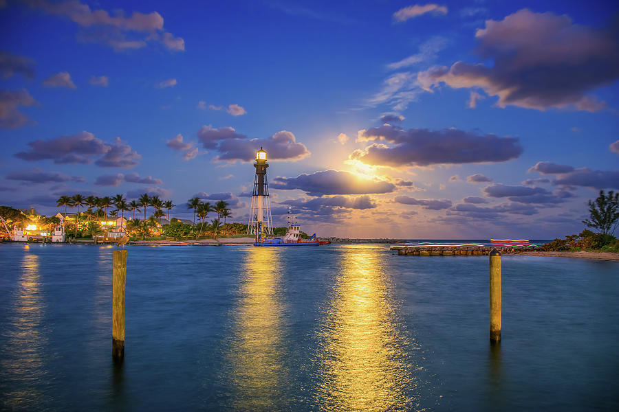 Hillsboro Lighthouse Moon Rise Over the Pompano Inlet Photograph by Kim Seng