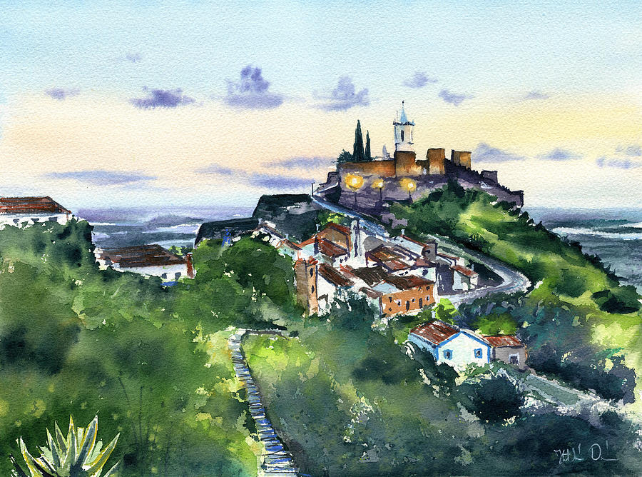 Castle Painting - Hilltop Village of Monsaraz in Portugal by Dora Hathazi Mendes