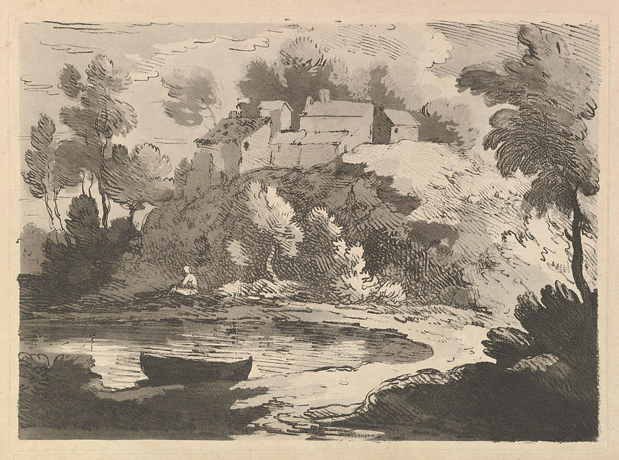 Landscape Painting - Hilly River Landscape  a Boat in the Water at Foreground Left  a Figure on the Far Shore  Houses on a Wooded Hill Beyond  by Thomas Gainsborough  Thomas Rowlandson