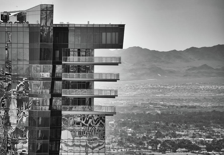 Hilton Grand Vacations Club Penthouse and Suite Balconies High Above Las Vegas Black and White Photograph by Shawn OBrien