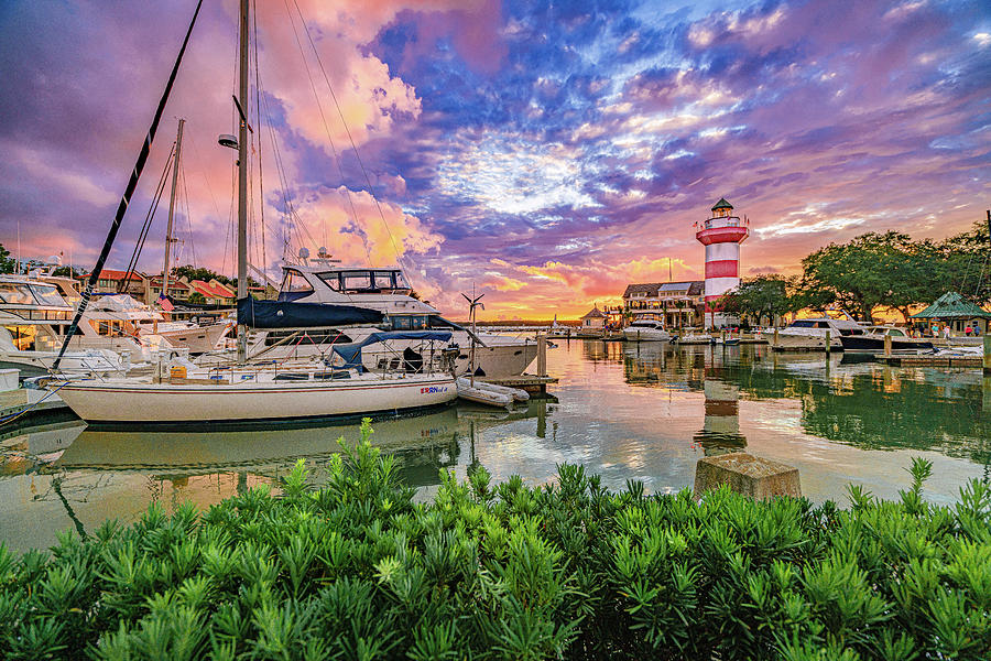 Hilton Head Island South Carolina Harbour Town Lighthouse Sunset - Alternative Color Photograph by Dave Morgan
