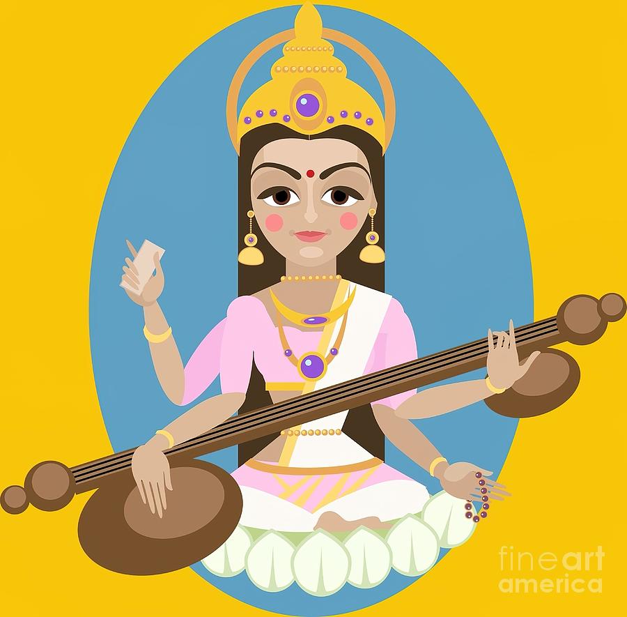 Hindu Goddess Saraswati Vector hand drawn Painting by Colin Dean - Fine ...