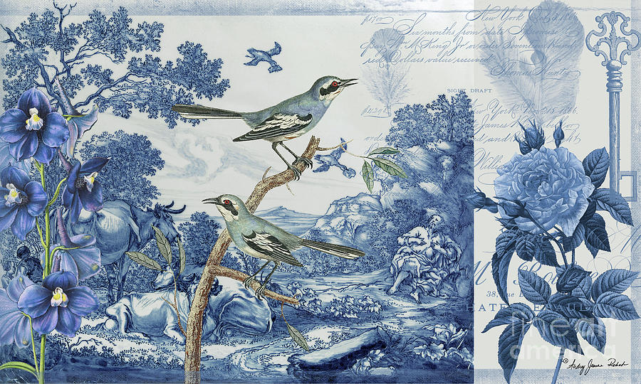 Chinoiserie Toile Floral, Blue and White with Script Collage 1 Painting by Audrey Jeanne Roberts