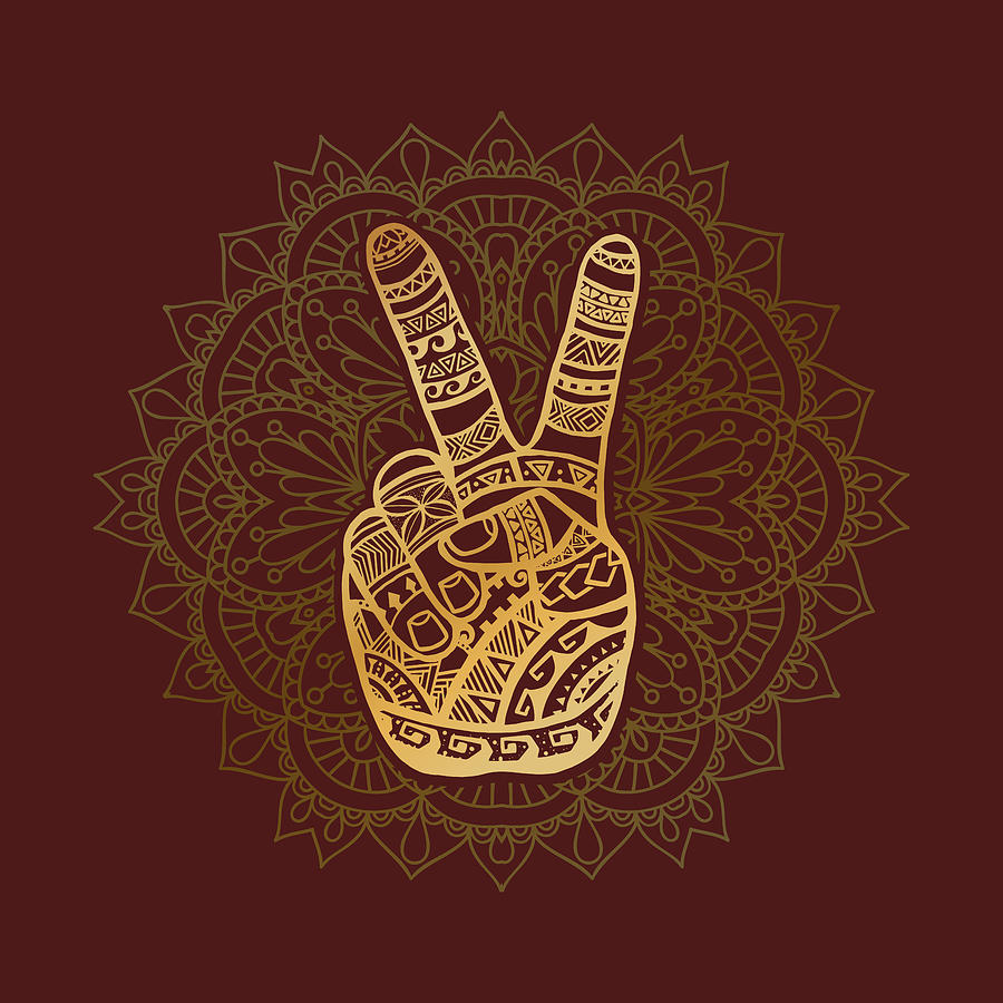 Hippie Boho Golden Peace Sign Mandala Digital Art by Laura Ostrowski