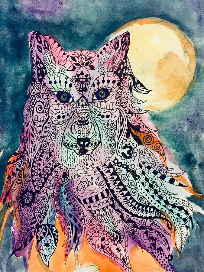 Hippie Fire Wolf Totem Painting by Ellen Levinson