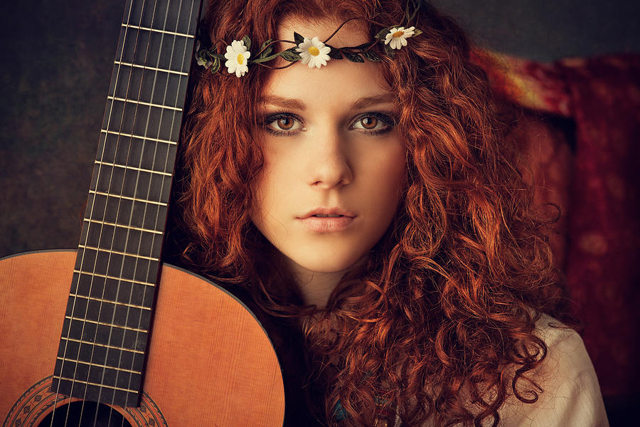 Hippie Girl With Acoustic Guitar Photograph by Mammuth