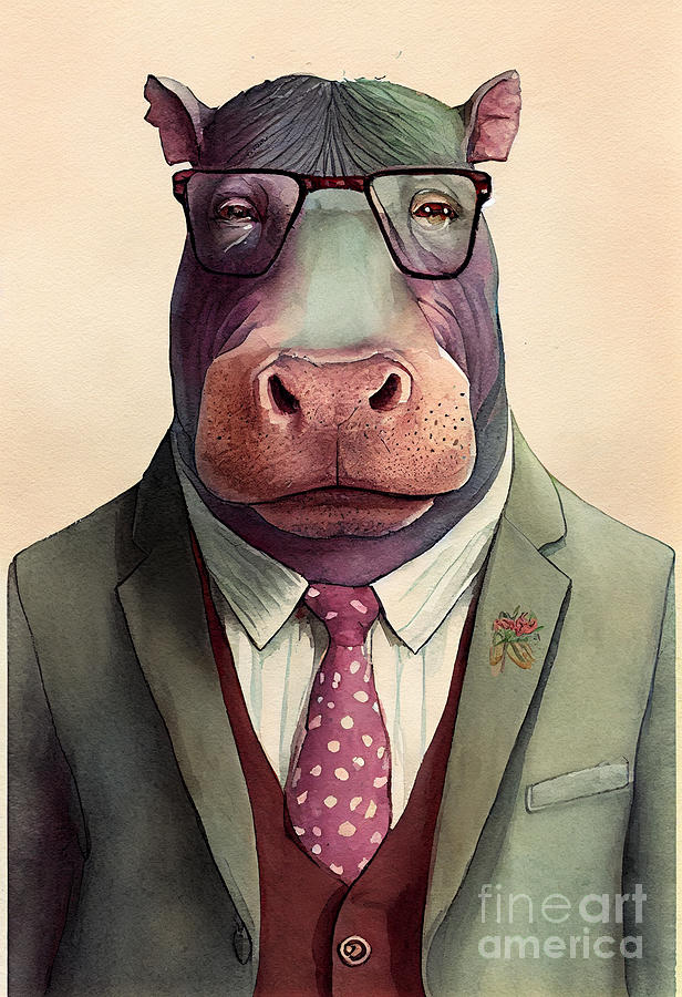 Hippopotamus Painting - Hippo in Suit Watercolor Hipster Animal Retro Costume by Jeff Creation