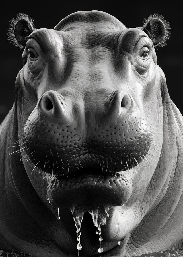 Hippopotamus Photograph - Hippo Portrait Black and White Wildlife Photo by Good Focused