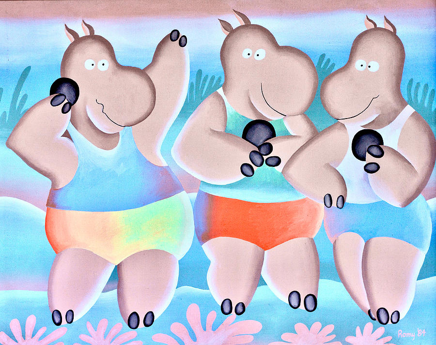 Humorous Painting - Hippo Shotput by Romy Muirhead