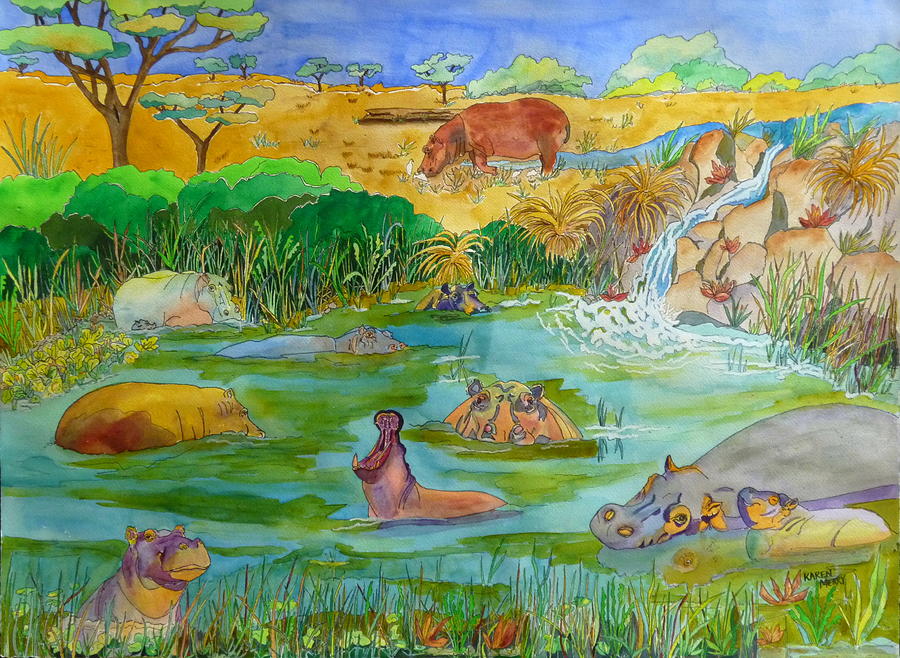 Hippopotami Painting by Karen Merry