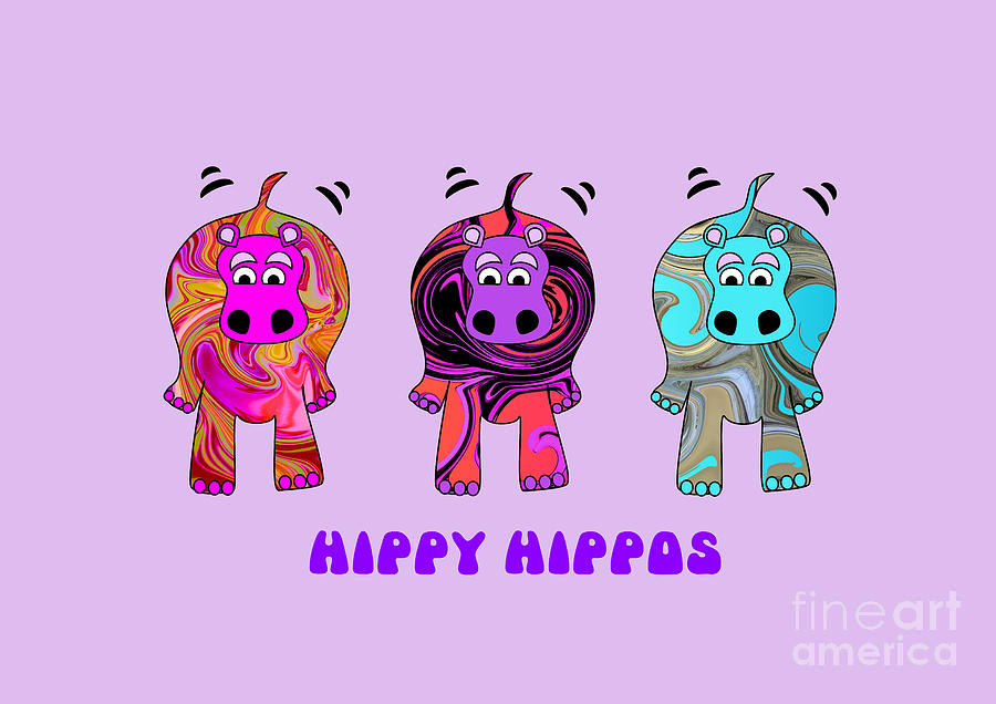 Hippy Hippie Hippos in Psychedelic Sixties Style Digital Art by Barefoot Bodeez Art