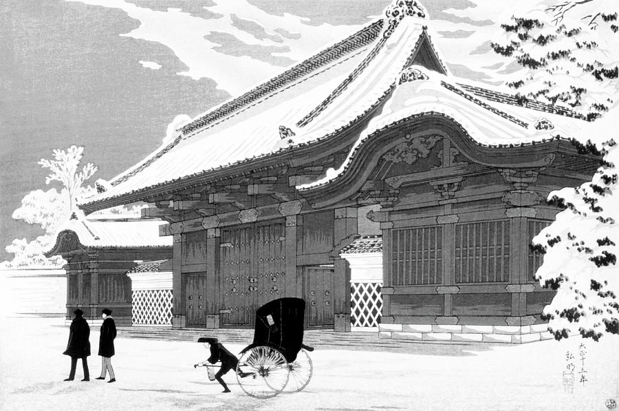 Hiroaki Takahashis The Red Gate of Hongo in Snow 1926 BW Painting by Bob Pardue