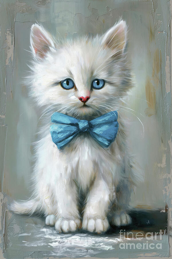 Cat Painting - His Big Blue Bow by Tina LeCour
