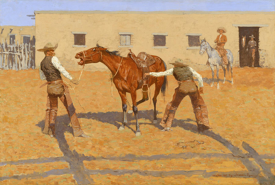 His First Lesson - Breaking A Horse - Frederic Remington 1903 Painting by War Is Hell Store
