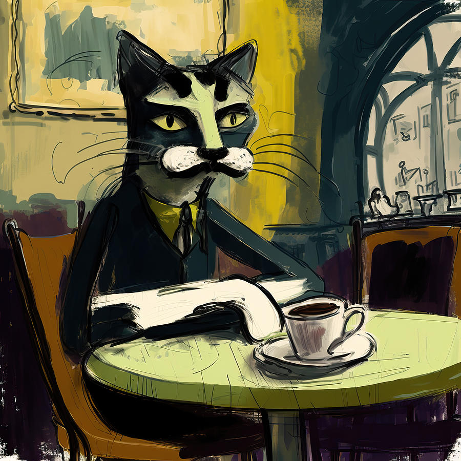 Cat Painting - His Morning Coffee by My Head Cinema