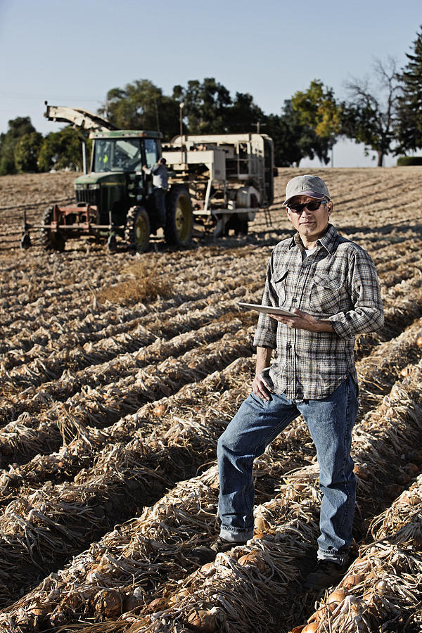 Hispanic farmer using tablet computer in crop field Photograph by Hill Street Studios