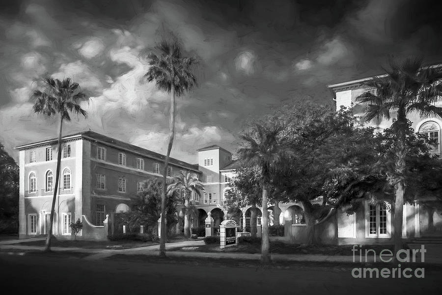 Historic 1926 Venice Hotel in Venice, Florida, Painterly BW Photograph by Liesl Walsh