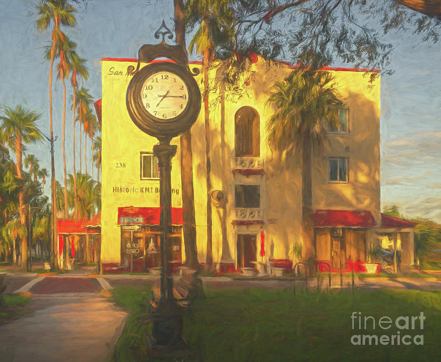 Architecture Photograph - Historic Clock at KMI Building, Venice, Florida, Painterly by Liesl Walsh