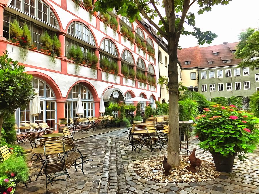 Historic courtyard with beer garden in Regensburg Digital Art by Marina Kaehne