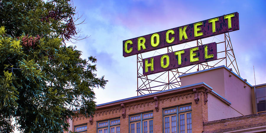San Antonio Photograph - Historic Crockett Hotel and Neon Sign Panorama - San Antonio Texas by Gregory Ballos