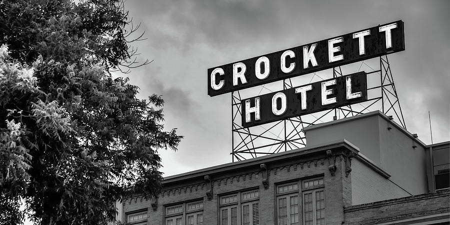 San Antonio Photograph - Historic Crockett Hotel and Neon Sign Panorama - San Antonio Texas Monochrome by Gregory Ballos