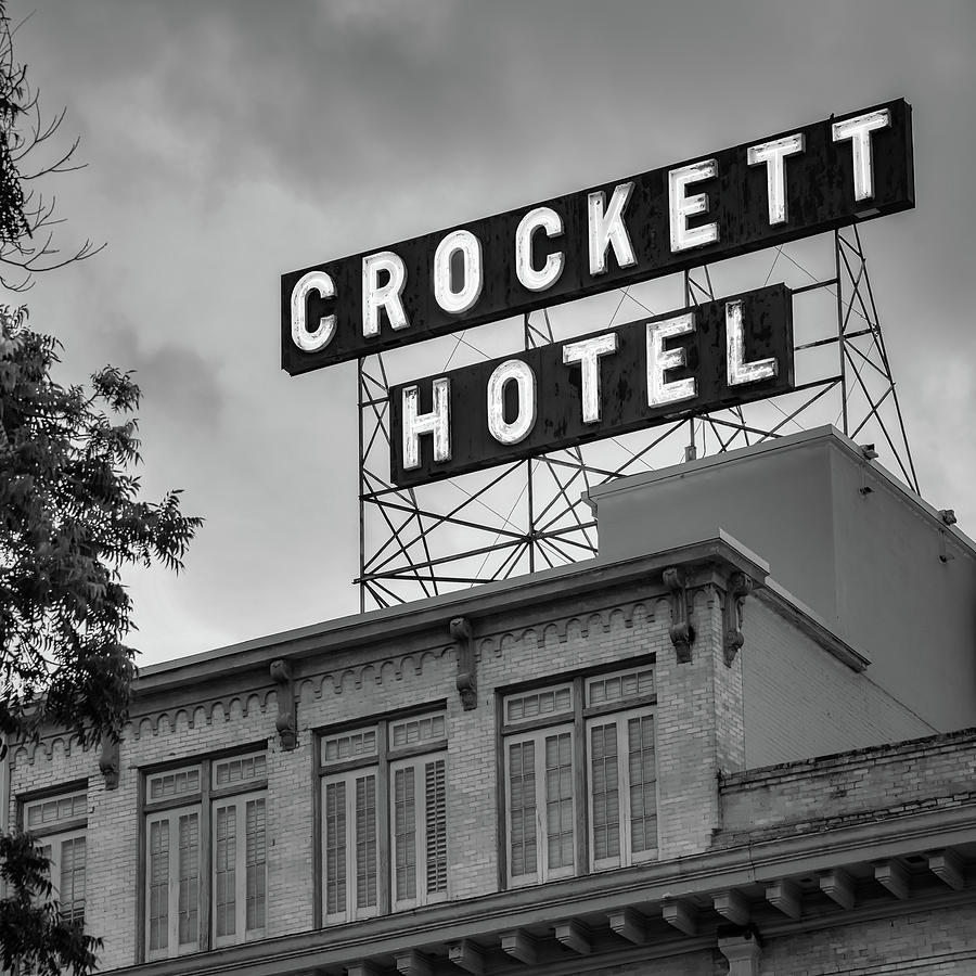 San Antonio Photograph - Historic Crockett And Hotel Neon Sign - San Antonio Texas 1x1 Monochrome by Gregory Ballos