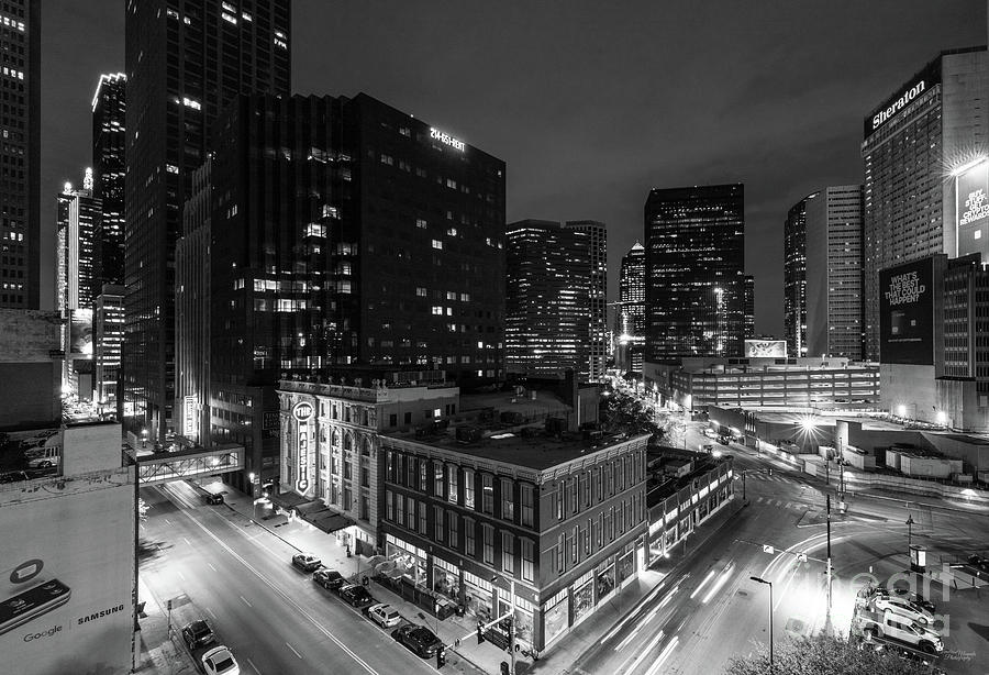 Historic District Downtown Dallas Night Grayscale Photograph by Jennifer White