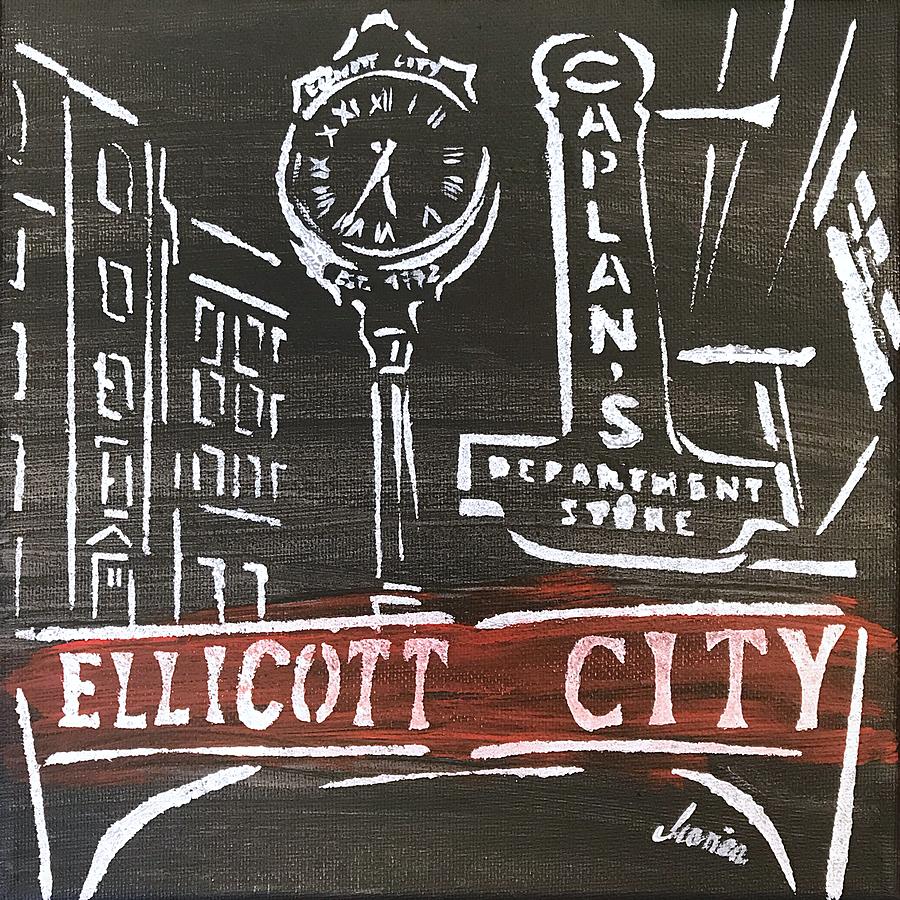 Historic Ellicott City Main Street Landmarks Black and Red Painting Painting by Marianna Mills