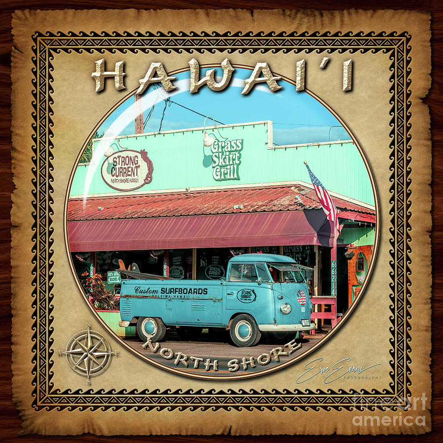 Volks Wagon Photograph - Historic Haleiwa Surf Town on the North Shore of Oahu Sphere Image with Hawaiian Style Border by Aloha Art